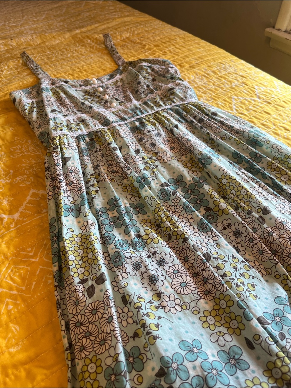 Floral Vintage Spaghetti-Strap Sundress in Aqua and Yellow - Picture 11 of 12